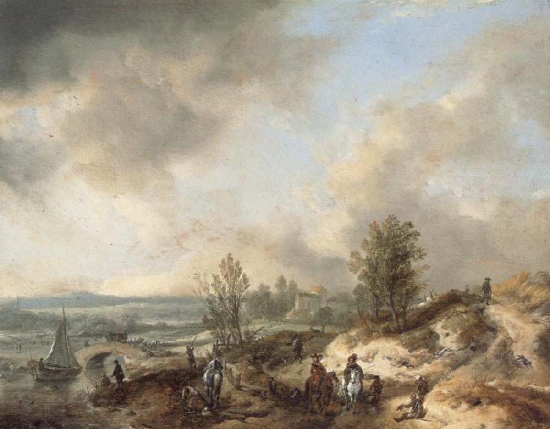 Philips Wouwerman A Dune Landscape with a River and Many Figures Spain oil painting art